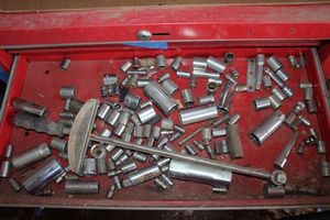 lot 229 image: Contents of Drawer Sockets, also vintage Torque Wrench
