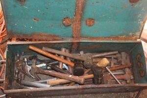 lot 245 image: Lg Metal Box full of a Variety of hammers, big and Small, Specialty and Regular