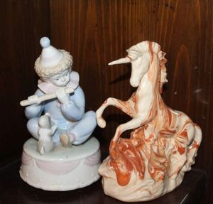 lot 45 image: Clay Art Pottery Unicorn With Drip Glaze and Musical Ceramic Clown