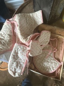 lot 372 image: VINTAGE BABY CLOTHES - JACKET, BOOTIES, BIB & BOTTLE COVER