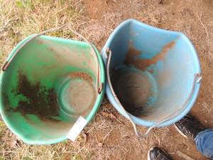 lot 408 image: 2 feeding buckets , one blue, one green