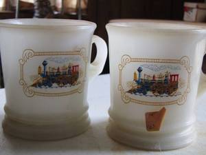 lot 53 image: VINTAGE AVON MILK GLASS SHAVING MUGS  W   LOCOMOTIVE  QTY 2