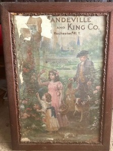 lot 425 image: ANTIQUE AD FOR MANDEVILLE & KING CO. - SEEDFLOWER BOXES FRAMED 28 X 20 -  EARLY 1900S - SEE PICTURES FOR CONDITION .