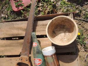 lot 276 image: SMALL CROCK BOWL, OLD FORESTER COPPER CUP, DR. PEPPER BTL,  SAW