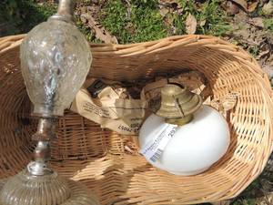 lot 293 image: MILK GLASS OIL LAMP  & PRESSED GLASS LAMP   AND BASKET