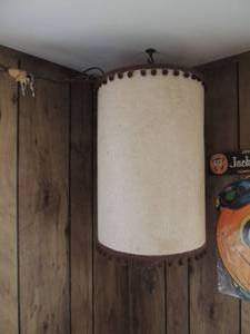 lot 424 image: MCM HANGING LAMP - WHITE CREAM WITH BROWN FRINGE .