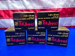 lot 44 image: Tul Ammo 7.62x39mm 122gr Ammo.  20 Rounds Per Box.  QUANTITY 5 BOXES.  BID IS TIMES THE QUANTITY