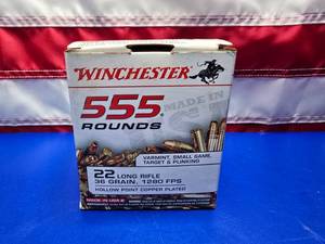 lot 80 image: Box of Winchester 22LR Varmint 36gr 1280FPS Hollow Point Ammo, 555 Rounds