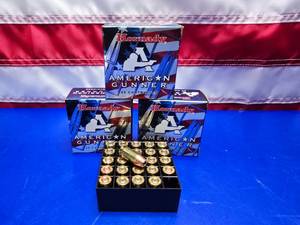 lot 81 image: Hornady American Gunner 380 Auto 90gr XTP Hollow Point Ammo.  25 Rounds Per Box.  QUANTITY 3 BOXES.  BID IS TIMES THE QUANTITY