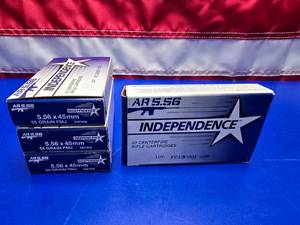 lot 127 image: Independence 5.56 55gr FMJ Ammo.  20 Rounds Per Box.  QUANTITY 4 BOXES.  BID IS TIMES THE QUANTITY