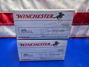 lot 129 image: Winchester .45 Auto 230gr Ammo.  100 Rounds Per Box.  QUANTITY 2 BOXES.  BID IS TIMES THE QUANTITY