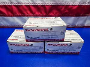 lot 130 image: Winchester 9mm 115gr Ammo.  100 Rounds Per Box.  QUANTITY 3 BOXES.  BID IS TIMES THE QUANTITY