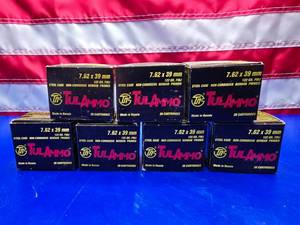 lot 182 image: Tul Ammo 7.62x39mm 122gr Ammo.  20 Rounds Per Box.  QUANTITY 7 BOXES.  BID IS TIMES THE QUANTITY