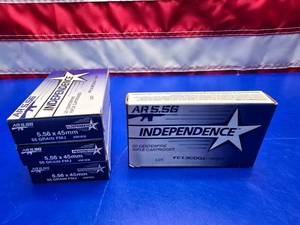 lot 189 image: Independence 5.56 55gr FMJ Ammo.  20 Rounds Per Box.  QUANTITY 4 BOXES.  BID IS TIMES THE QUANTITY