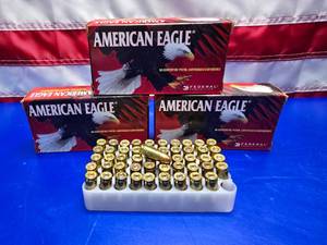 lot 191 image: American Eagle 9mm 124gr FMJ Ammo.  50 Rounds Per Box.  QUANTITY 3 BOXES.  BID IS TIMES THE QUANTITY