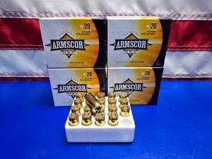lot 230 image: Armscor .40 S&W 180gr Jacketed Hollow Point Ammo.  20 Rounds Per Box.  QUANTITY 4 BOXES.  BID IS TIMES THE QUANTITY