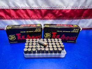 lot 231 image: Tul Ammo .45 Auto 230gr FMJ Steel Case Ammo.  50 Rounds Per Box.  QUANTITY 2 BOXES.  BID IS TIMES THE QUANTITY