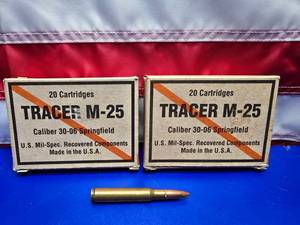 lot 235 image: Tracer M25 30-06 Springfield Mil-Spec Ammo w Orange Tip.  20 Rounds Per Box.  QUANTITY 2 BOXES.  BID IS TIMES THE QUANTITY