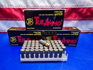 lot 243 image: Tul Ammo 9mm 115gr FMJ Steel Case Ammo.  50 Rounds Per Box.  QUANTITY 3 BOXES.  BID IS TIMES THE QUANTITY