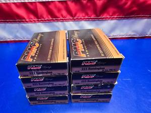 lot 184 image: PMC Bronze .223 REM 95gr Ammo.  20 Rounds Per Box.  QUANTITY 8 BOXES.  BID IS TIMES THE QUANTITY