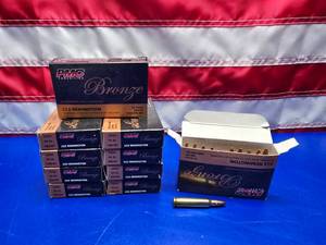 lot 239 image: PMC Bronze .223 REM 55gr Ammo.  20 Rounds Per Box.  QUANTITY 10 BOXES.  BID IS TIMES THE QUANTITY