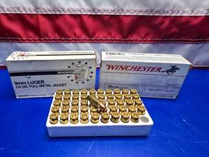 lot 281 image: Winchester 9mm 115gr FMJ Ammo.  50 Rounds Per Box.  QUANTITY 2 BOXES.  BID IS TIMES THE QUANTITY