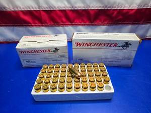 lot 282 image: 2 Boxes of Winchester .45 Auto 230gr FMJ Ammo.  100 Rounds & 50 Rounds