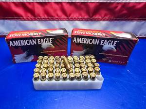 lot 283 image: American Eagle 9mm 124gr FMJ Ammo.  50 Rounds Per Box.  QUANTITY 2 BOXES.  BID IS TIMES THE QUANTITY