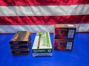 lot 285 image: Lot of .223 Ammo.  6 Boxes Total (PMC, Remington & Monarch).  120 Rounds Total.