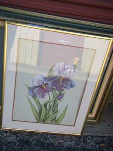 lot 34 image: ART - IRIS  & BIRD ON FEEDER  FRAMED