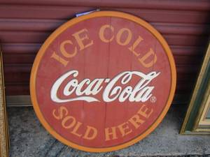 lot 33 image: COCA-COLA  WALL ART   -Ice cold Coca -Cola sold here wall sign wooden