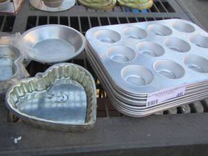 lot 46 image: MUFFIN TINS (SEVERAL),  PIE PLATES, HEART PANS  PLUS