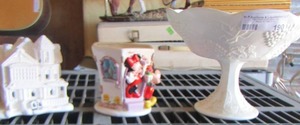 lot 190 image: Mickey and Minnie  Small vase, Milkglass canister with lid