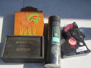 lot 263 image: VINTAGE KNIFE HOLDER, CIGAR BOX, METAL TIN