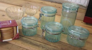 lot 25 image: wooden coaster set new- clear blue canisters qty 5 in set