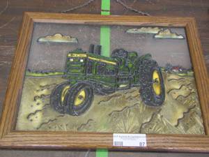 lot 87 image: Stainglass John Deere tractor art framed with chain to hang