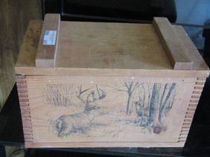 lot 202 image: wooden box with a buck on front, can be used for small storage
