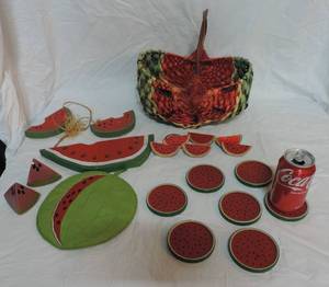 lot 33 image: Watermelon basket with seven coasters salt and pepper shaker pot holder and wood decoratives
