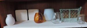 lot 38 image: Two say it loud cerami unpainted decor four vases the blue one has a small chip in the top as seen in pictures basket and glass bottle with a quart
