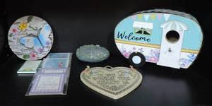 lot 40 image: Camper birdhouse  love my garden Stone with the word spirit has a rabbit on it  hanging wall pic home is where the heart is and  five refrigerator magnets