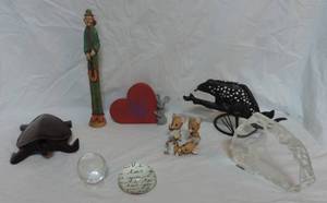 lot 42 image: Vintage Ceramic Hand Painted 12 Tall Clown With Lute - Cool, Rare, Unique  Metal lizard candle holder wood sea turtle his foot is broke see pictures  I love you paperweight small globe glass figure mice figures