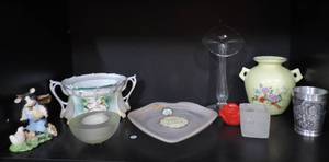 lot 44 image: Biscuit Jar With , Floral Pattern and handles metal shot glass wavy heart plateone flower vase  green vase with floral pattern