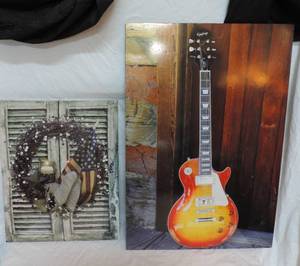 lot 45 image: Guitar picture has a signature and date on back but I dont know of who and reef with American flag and candle picture