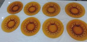 lot 82 image: 8 Amber Indiana Glass King Crown Thumbprint Snack Trays