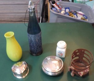 lot 95 image: Mixed lot blue decorative bottle three trinket boxes green vase and metal small basket
