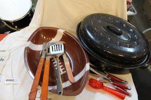 lot 198 image: Roasting pan hard plastic football dish random utensils