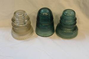 lot 218 image: Vintage Pair Green Glass Telephone Telegraph Insulators and one clear one