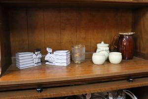 lot 228 image: Vintage porcelain show girls planter, vases Japan six flags over Texas cup with gold trim around it three cream candles and a jug