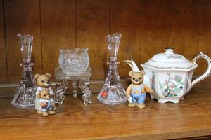 lot 229 image: Mixed lot teapot 2 candle holders three-legged tray with a candle holder on top and two teddy bears figures