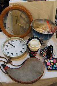 lot 329 image: Random mixed lot  Vtg Spanish Bota Bag Wine Water 1 Liter Canteen Rugged Leather Suede Skin Spain  clocks three cup holders multicolored one reusable coffee cup Corona bucket clothes pins